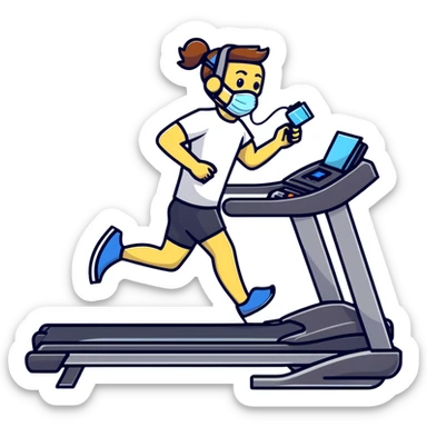 Runner on treadmill wearing oxygen consumption mask with tubes and sensors, VO2 max test in progress sticker