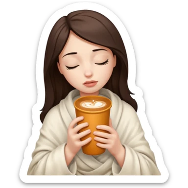 girl inside a offwhite blanket holding a coffee mug eyes closed, looking sad sticker