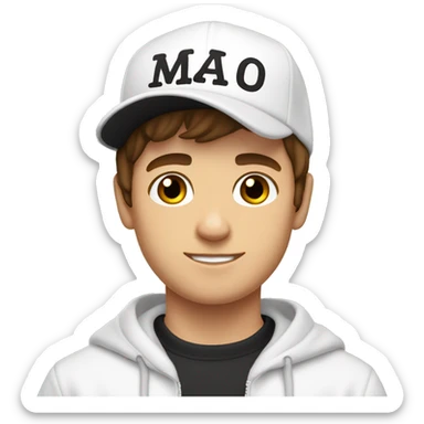 A young guy, brown hair, white sweatshirt, black cap with the inscription malo, shows his hand Cool sticker