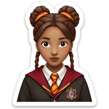 Angelina Johnson in harry potter, wear hogwarts gryfindor uniform,  thick, brown knot bun hair , reflecting her bold, stylish, and strong personality sticker