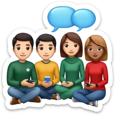 A group of young Pakistani people sitting around and sharing knowledge, with talking bubble of Hong kong sticker