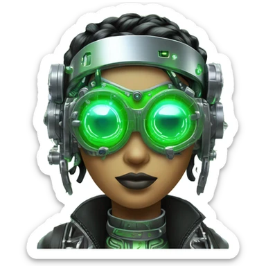 Neon green bobbed hair Latina female cyborg head with silver steampunk goggles and circuits sticker