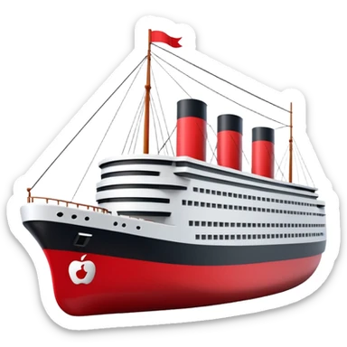 A 3D stylized Titanic ship in Apple emoji style, smooth and glossy surface, clean white and black colors with red accents, large expressive windows but no face, sailing on calm ocean with soft lighting, Pixar-quality render, minimal and elegant design, isolated on studio background.

 sticker