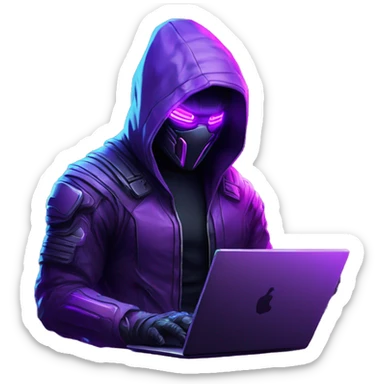 Hacker behind his laptop with this style : crysis Cyberpunk Valorant neon glowing bright purple character purple violet black hooded assassin themed character sticker