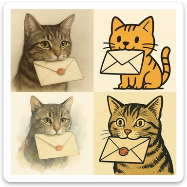 a cat holding mail (letter) in its mouth, various styles sticker