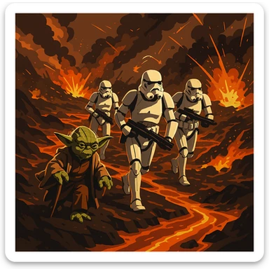 vector art of a Starwars stormtroopers is walking on lava planet with yoda, battleground background 
 sticker