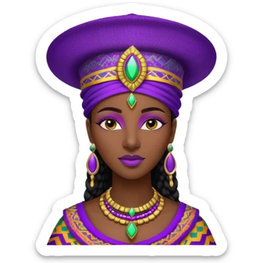 Create me an emoji of a beautiful Ethiopian Queen of Sheba wearing a neon purple gradient African patterns with metallic "isicholo" (a Zulu-inspired hat).  sticker