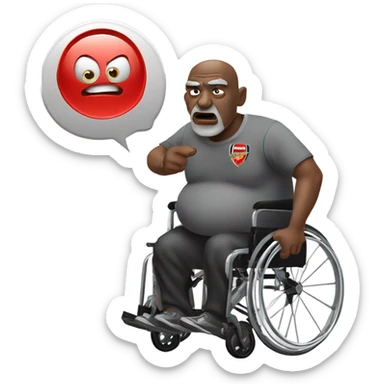 old black bald man with a protruding round pot belly in wheelchair. angry face. grey stubble. he is pointing finger in front. arsenal soccer shirt. mouth word bubble sticker