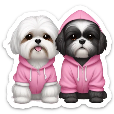 one very cute black and white  shih tzu girl and one white  girl maltaise dog wear a pink hoodie with hearts sticker