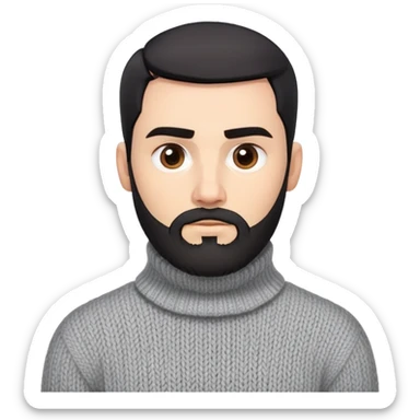 Man with angular square face, neatly trimmed full beard, thick dark eyebrows, short black hair styled back. Serious expression. Wearing a chunky knit light gray sweater with folded turtleneck collar. sticker
