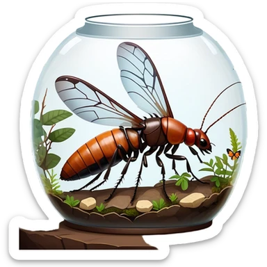 Close-up of giant Madagascar hissing cockroaches, butterflies, and stick insects inside a terrarium, with detailed textures of their bodies, wings, and legs. Soft lighting highlights their features. Transparent background. sticker