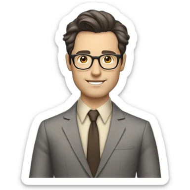 Full height Pale skinned Fit Man With dark brown hair in classic gray suit, beige office shirt, dark gray tie, and vintage glasses. His hands lock sticker