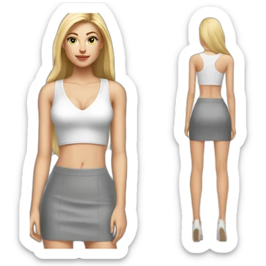 hyperrealistic caucasian blonde, long straight hair, white deep v-neck crop tanktop, gray tight mini skirt sticker