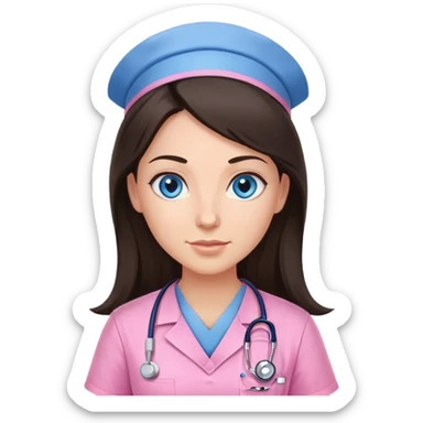 Female nurse, Very long dark brunette hair, blue eyes, light-medium skin, skin, pink scrubs, WITH NO HAT sticker
