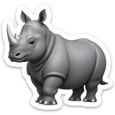 cinematic-rhino-full-body-standing-emoji,slate grey skin -massive-body-poised-powerfully,-thick-horn-curving-slightly-forward,-head-tilted-dramatically,-rough-grey-hide-covered-in-dust,-simplified-focused-features, sticker