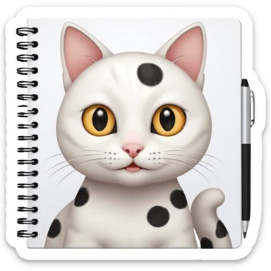 gatita blanca con manchas grandes negras en los ojos feliz en viendo una libreta con anillado sticker