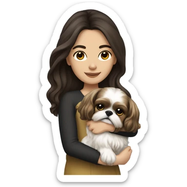 Young dark brunette hair woman with a golden shih tzu in her arms long hair sticker