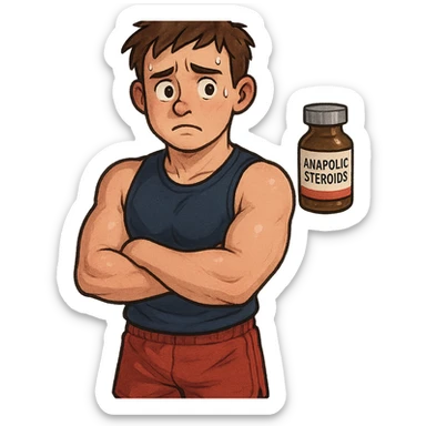 young inexperienced athlete with changing physique, slightly swollen muscles, worried expression, bottle of anabolic steroids in background, sportswear, isolated on white background sticker