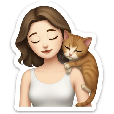 White girl short brown hair sleeping with tuxedo cat kitten sticker