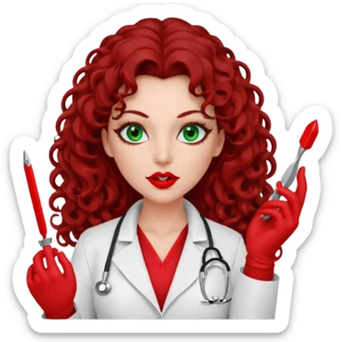 Lilith symbol sexy evil woman. She has green eyes.  had brown long curly hair.  evil surgeon kills with scalpel wears red sexy doctor coat with red mouth cover red gloves. Covers nose, neck  and mouth with red face berka sticker