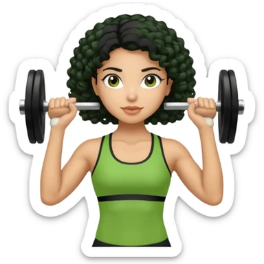woman with olive skin and curly black hair wearing a green workout outfit (shorts) and lifting weights sticker