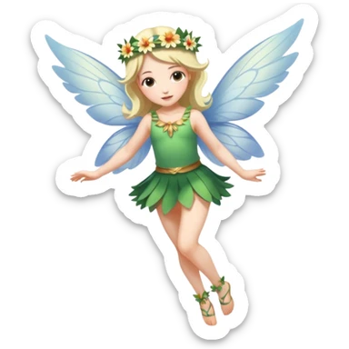 A winged flower fairy white skin girl, wearing a short skirt, one leg straight and the other bent, her body tilted, in a flying pose. sticker