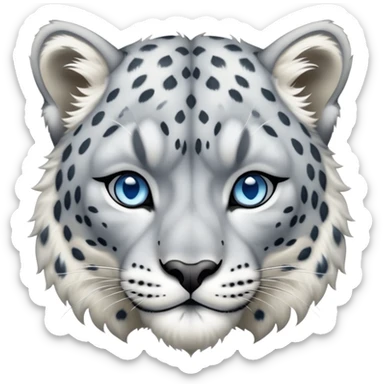 Cinematic-Noble-Snow-Leopard-Portrait-Emoji – Poised and majestic, with a muscular, agile build and a beautifully patterned coat of soft white and grey fur, marked with striking rosettes, deep-set, intelligent icy blue eyes, simplified yet sharp and sophisticated. sticker