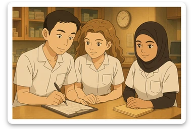 Four nursing students inspired by the four provided faces, working together in a care station, in Ghibli style. They wear short-sleeved white uniforms with V-neck tunics and a left chest pocket, no stand-up collar, no stethoscopes, and nothing protrudes from the sleeves. The atmosphere is warm and professional. sticker