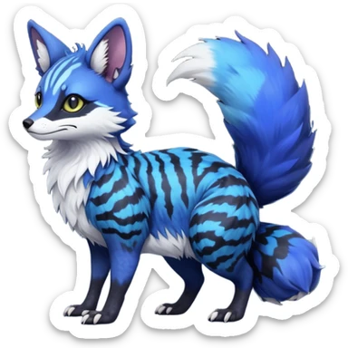 Feral hyper-realistic chubby floofy fluffy puffy furry Rare Fantasy vibrant dark shady shaded detailed deep-dark-cobalt-blue-gradients-colored colorful Vernid-Sergal-Genet-Trico-Fox-species by LiLaiRa, with dark-blackish points, white belly, random markings, tufted tail, tufted ears, full body sticker