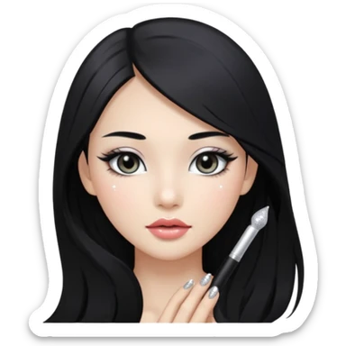 asian long black hair silver grey eyes glossy lips glittery white eyeshadow girl sticker