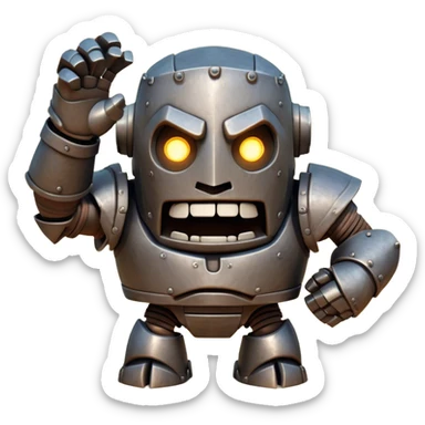 Cinematic Comical Mighty Iron Golem Portrait Emoji Head tilted dramatically with an exaggeratedly amused expression, featuring a bulky, armored form with a slightly lopsided stance, ancient runes flickering erratically, and one massive, jointed hand raised in a slow, deliberate wave. Wide, expressive glowing eyes give it an almost humorous, puzzled look, as if it’s contemplating something far beyond mortal understanding. Rendered with detailed metallic textures and deep, dynamic lighting, high shine, dramatic yet whimsical, styled with a hint of unexpected charm, soft glowing outline, capturing the essence of an endearing yet colossal guardian that looks ready to crack an impossibly slow, earth-shaking joke! sticker