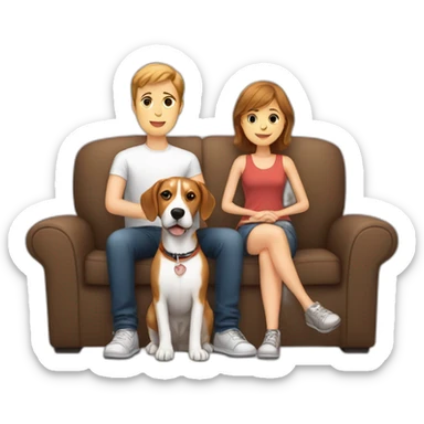Brown hair White boy and girl with beagle Sit on couch sticker