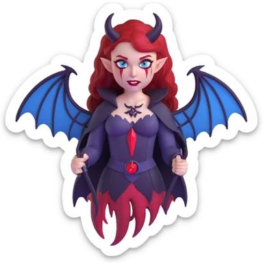 extremely diabolical demon girl with massive bat wings, blood red hair, sinister glowing blue eyes, dark hellish aura, sharp horns, fangs, pentagram sticker