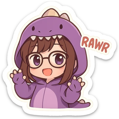 chibi anime style girl with glasses, brown hair, dark purple eyes, wearing a purple dinosaur costume, saying 'rawr' in a cute playful way sticker
