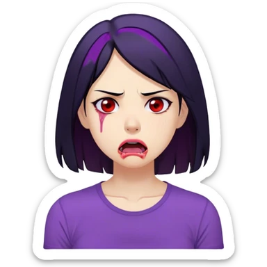 A cartoon-style digital illustration of a woman with shoulder-length black hair, wearing a purple shirt. She has an exhausted and dehydrated expression, with red, bloodshot eyes, a dry, sticking-out tongue, and a single sweat drop on her cheek. The character looks fatigued, as if suffering from heat exhaustion or dehydration. The background is plain white sticker