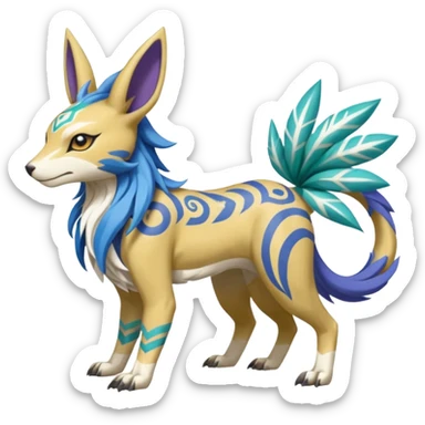 Tropical Tiny Marked Patterned Tribal Colorful Skilled Adept Graceful Asian Painted WereGarurumon-Suicune-Linoone-Meloetta-Renamon-fusion-hybrid-creature (full body) sticker