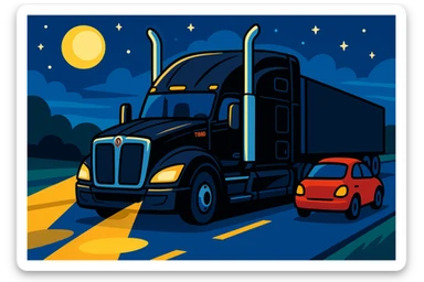 2026 Black Kenworth T680 Sleeper semi truck with tall chrome muffler stacks, headlights on, driving down a road with a car in front, vibrant cartoon style, night scene sticker