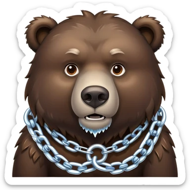 Intimidating dark brown bear on four legs with heavy ice chain around neck, frozen chain links with icicles, serious expression sticker
