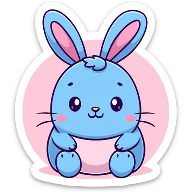 A fat bunny character in Sanrio style like Hello Kitty, large head with big round eyes, blushing cheeks, small mouth, minimal facial features, tiny spikes, pastel pink and blue colors, clean bold outlines, rounded shapes sticker