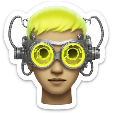 Neon yellow short hair Asian male cyborg head with silver steampunk goggles and circuits sticker