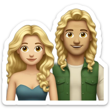 An american couple. The woman is blonde and has blue eyes and long wavy hair. The man has brown, wild hair, his left ear is perced. His eyes are green sticker