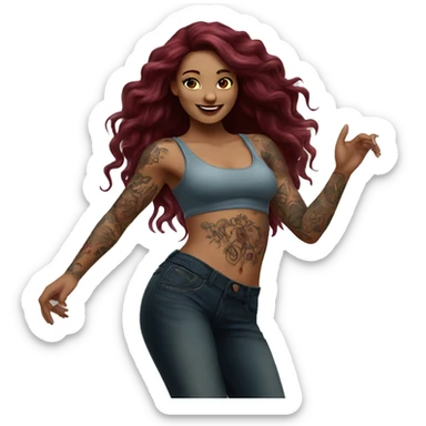 Beautiful tattooed burgundy long haired woman dancing sticker