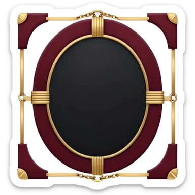 Menu style.  Elegant BDSM-inspired aesthetic. Black matte leather texture mixed with deep burgundy velvet, Thin gold art-deco frames and lines. Discreet elements like chains, keys, and geometric metal details. Low warm lighting, moody, intimate, high-end luxury vibe. No people, no nudity, no text.  sticker