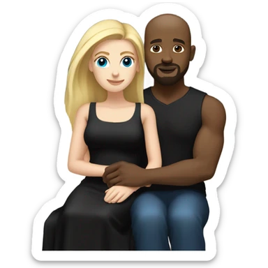 Blonde woman with blue eyes and long straight hair wearing a short black dress and a black man who is bald with a goatee seated together on a sofa enjoying a passionate embrace.   sticker