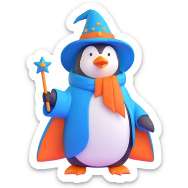 wizard penguin with a blue robe and starry hat sticker