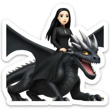 Determined and beautiful armored teen Morticia Addams riding on the back of a giant black dragon sticker