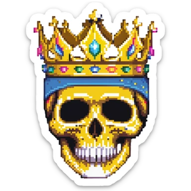 pixel art of a colorful skull with vibrant colors, wearing a gold crown and a bright ski mask sticker