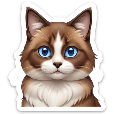 Cinematic Cute Brown Mantle Snowshoe Cat Portrait Emoji, Head tilted playfully and inquisitively, rich brown fur cascading over its back like a mantle, with soft white paws, chest, and face, striking icy-blue eyes brimming with curiosity, Simplified yet irresistibly adorable features, highly detailed, glowing with a warm, friendly glow, high shine, affectionate and lively, stylized with a touch of whimsy, bright and endearing, soft glowing outline, capturing the essence of a mischievous yet loving kitten, so playful it feels like it could pounce out of the screen and into your arms! sticker