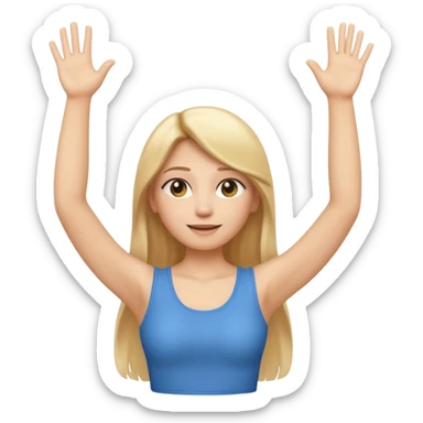 I want a white female animated gif emoji with long straight blonde hair putting hands up in the air. Wearing a tight no sleeve top  sticker