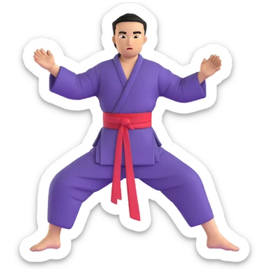 Martial artist in dynamic kung fu pose, wearing traditional loose outfit with sash sticker